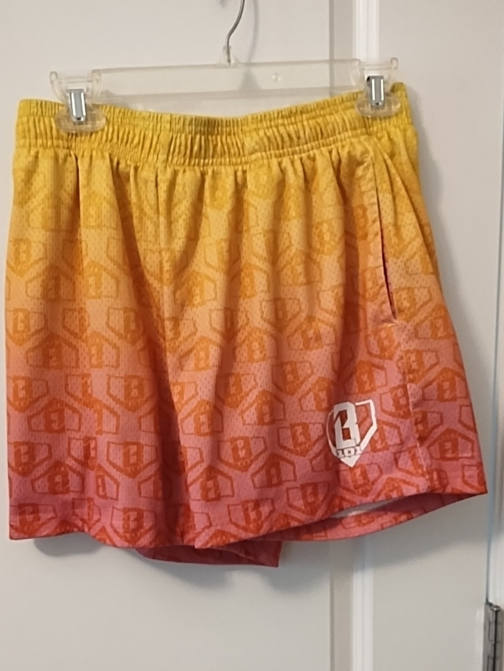Kids Gradient Athletic Shorts with Logo - Yellow to Pink, Great Condition.